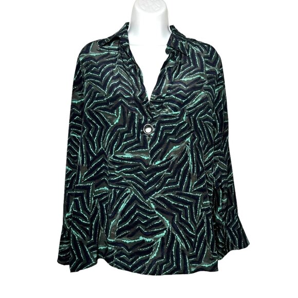 Animale Silk Geometric Grommet Blouse Flare Sleeve Green Multi Luxe Retro Medium - Picture 1 of 8